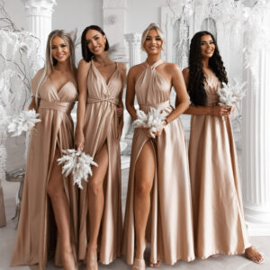 Béžové lesklé šaty VALERDI s variabilním vázáním pro družičky Velikost: ONESIZE