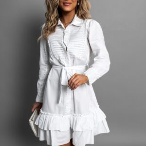 Bílé košilové šaty MUSTAFA s perličkami 95% bavlna Velikost: ONESIZE