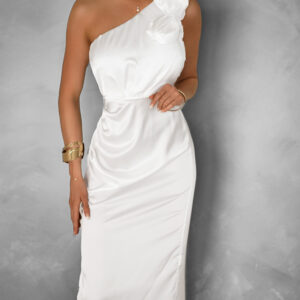 Bílé saténové midi šaty ROULES na jedno rameno Velikost: ONESIZE