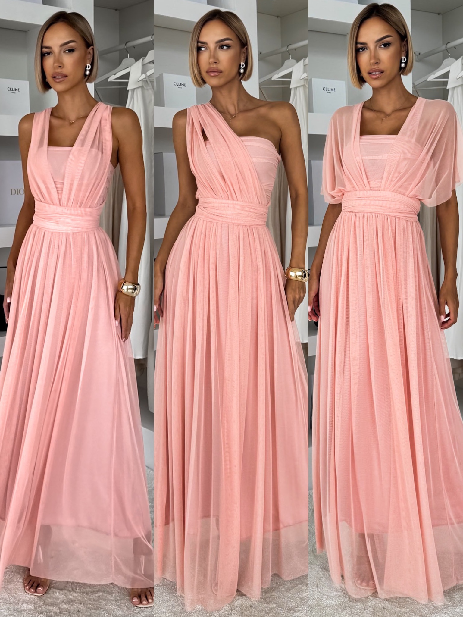 Broskvové dlouhé tylové plesové šaty OBSIYA s vlečkou Velikost: ONESIZE