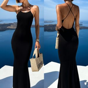 Černé dlouhé stylové šaty ONURETE na ramínka Velikost: ONESIZE