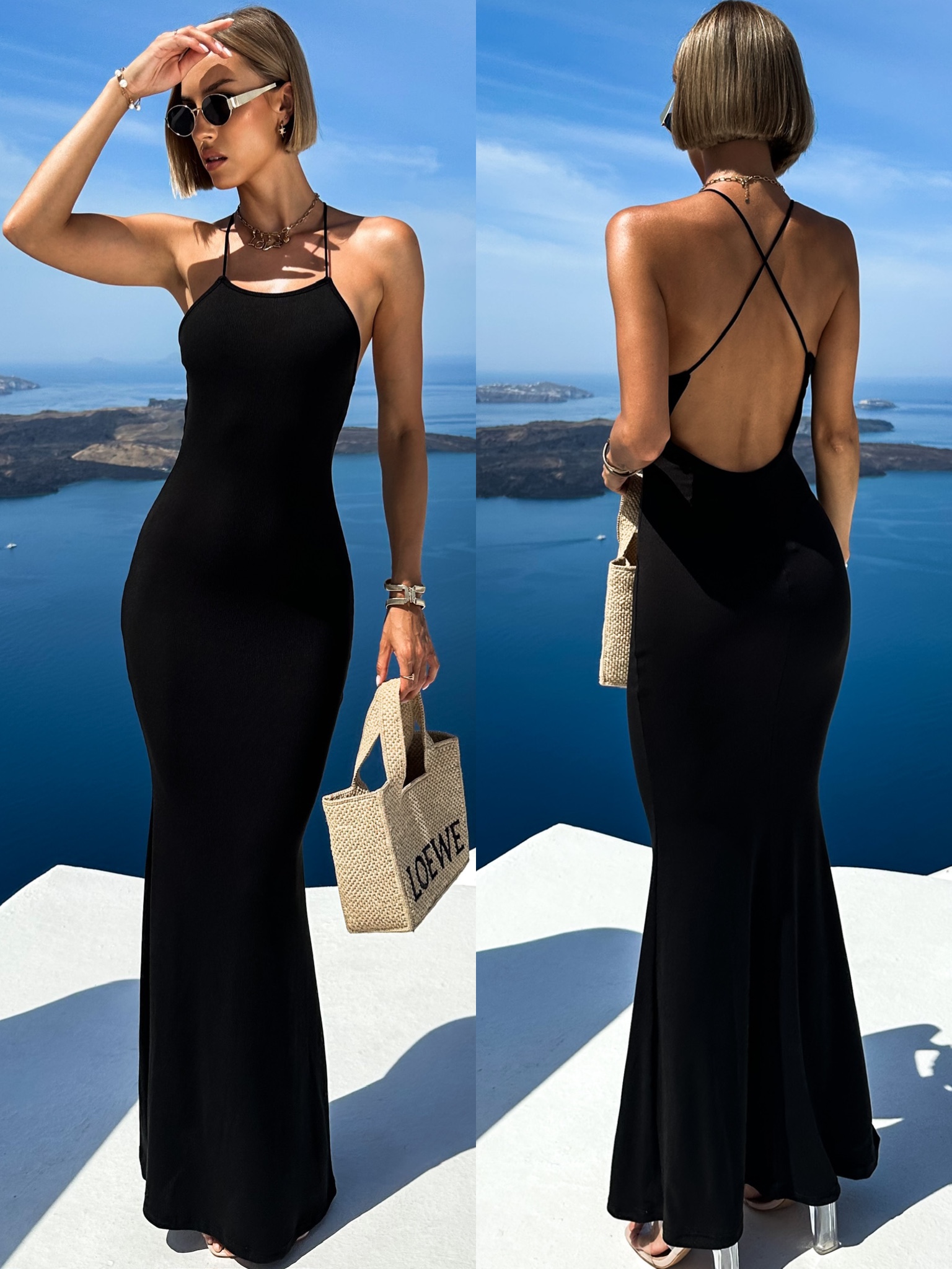 Černé dlouhé stylové šaty ONURETE na ramínka Velikost: ONESIZE