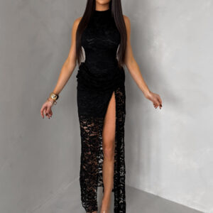 Černé společenské dlouhé krajkové šaty PURELY s vlečkou Velikost: ONESIZE