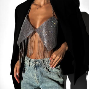 Černý třpytivý flitrový top SELMAR s kamínky Velikost: ONESIZE