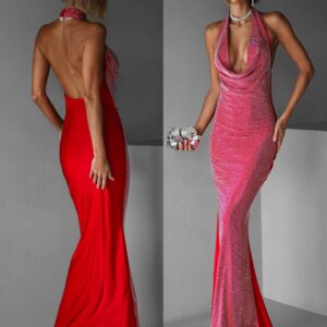 Červené třpytivé dlouhé šaty CESARA s odhalenými zády Velikost: S/M