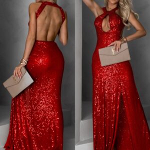Červené večerní dlouhé šaty AROGANTISEL s flitry Velikost: ONESIZE