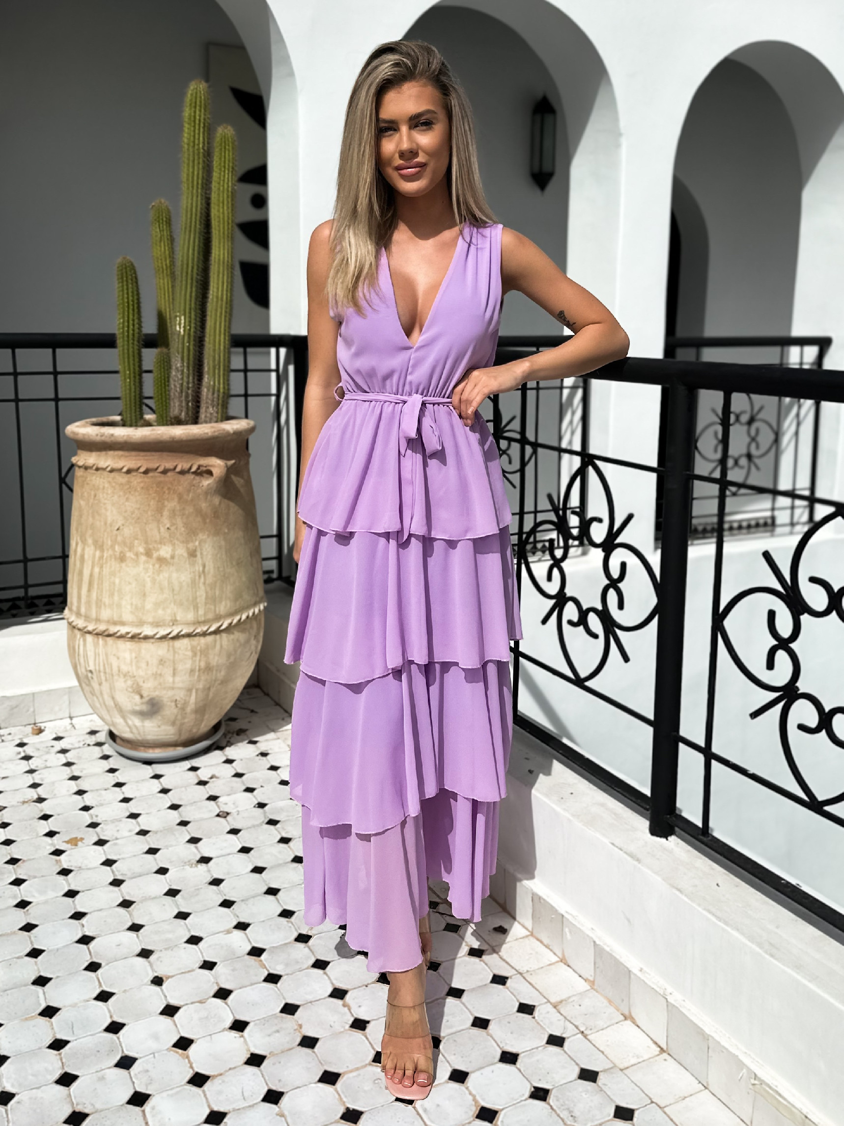 Fialové elegantní šaty SUSANI s volánky Velikost: ONESIZE - Obrázek 2