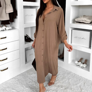 Hnědé basic dlouhé košilové šaty košile NESSY Velikost: ONESIZE