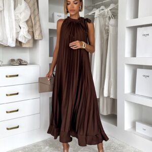 Hnědé saténové dlouhé plisované šaty EKULY Velikost: ONESIZE