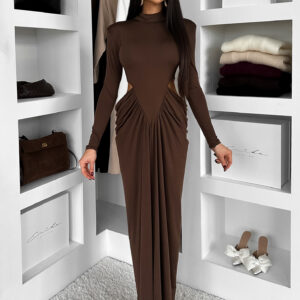 Hnědé společenské dlouhé šaty ESTAVION s průstřihy Velikost: ONESIZE