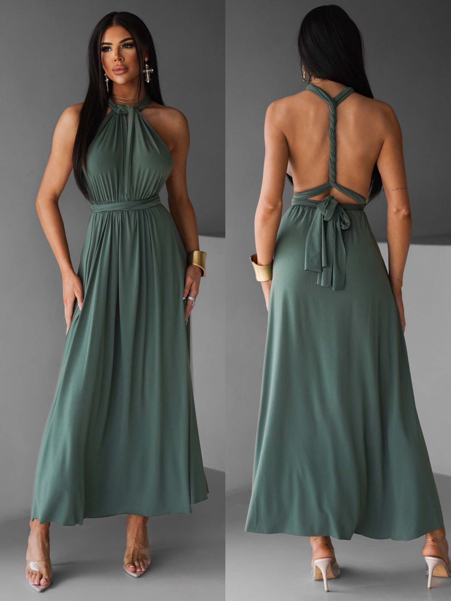 Khaki elegantní šaty BEATRICE s vázáním