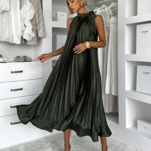 Khaki saténové dlouhé plisované šaty EKULY Velikost: ONESIZE