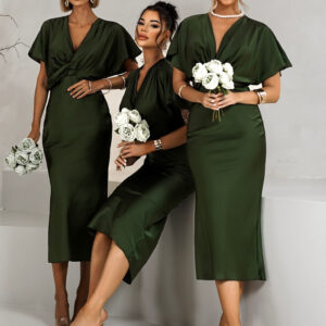 Khaki saténové midi šaty MIRIAM s krátkým rukávem pro družičky Velikost: ONESIZE