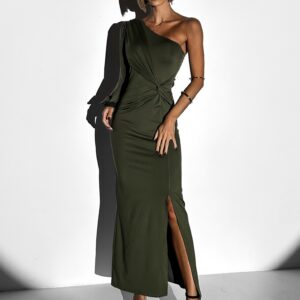 Khaki společenské dlouhé šaty DUFOUR na jedno rameno Velikost: ONESIZE