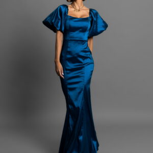 Modré společenské dlouhé šaty GLAMYT na ples Velikost: S