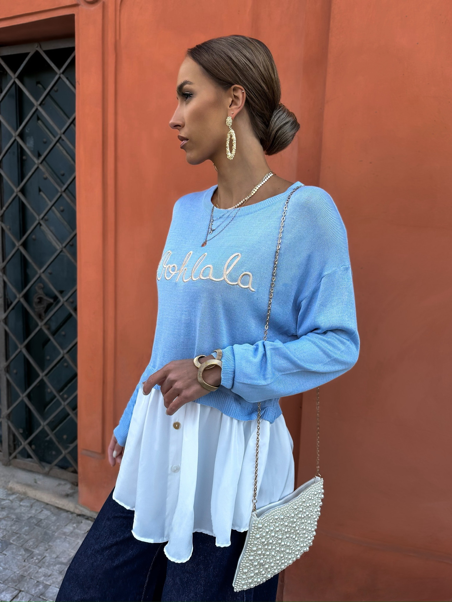 Modrý top s výšivkou RHAZYE Velikost: ONESIZE - Obrázek 2