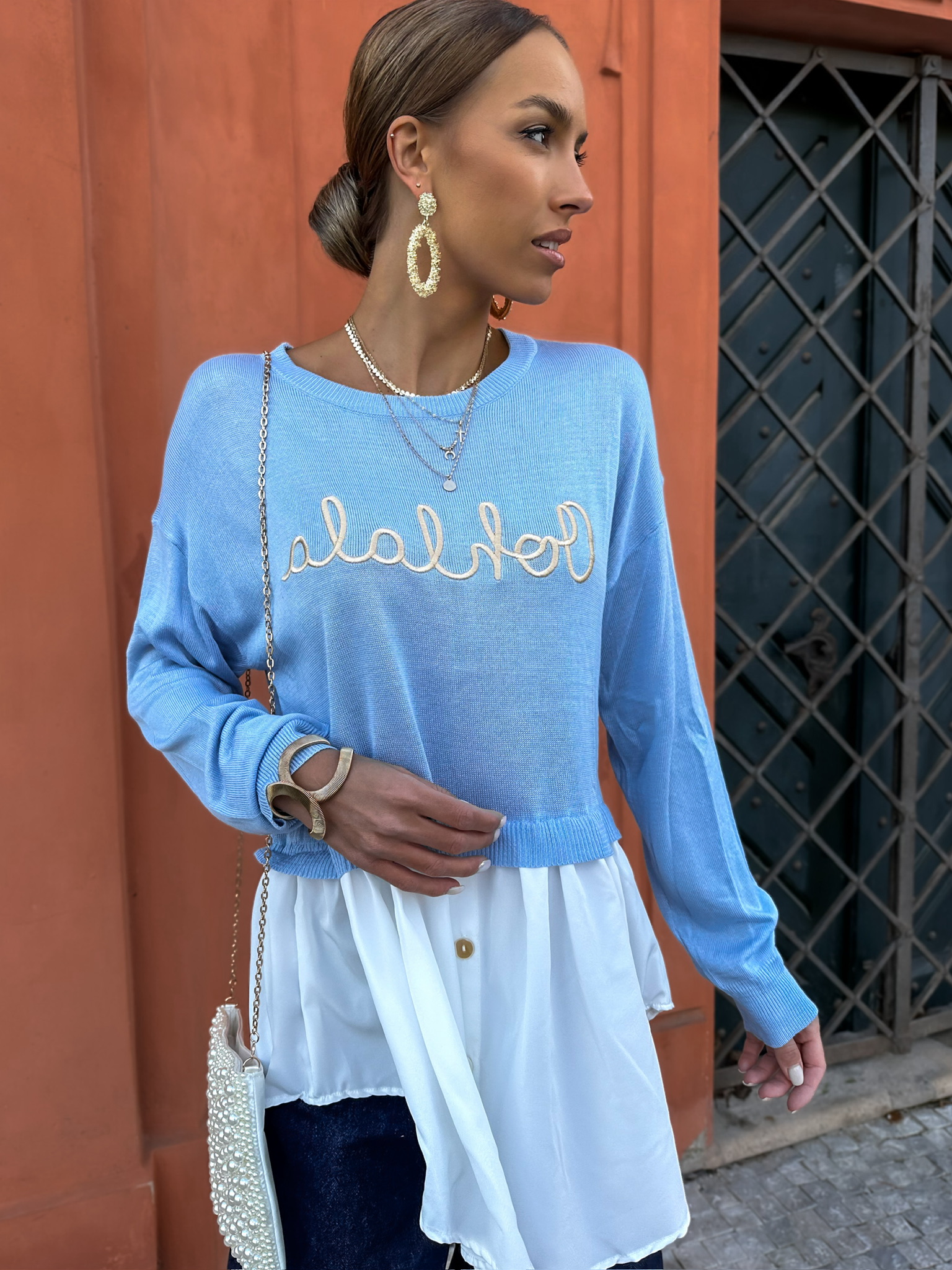 Modrý top s výšivkou RHAZYE Velikost: ONESIZE