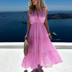 Růžové bavlněné letní dlouhé šaty MARISE Velikost: ONESIZE