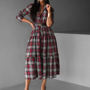 Šedočervené bavlněné košilové šaty BARRYS s páskem Velikost: ONESIZE