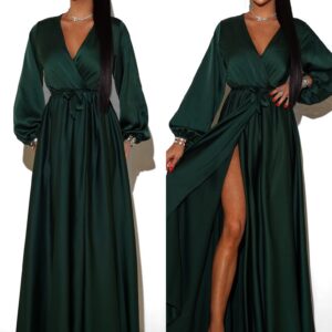 Smaragdové saténové maxi šaty WOMAN s dlouhým rukávem Velikost: ONESIZE