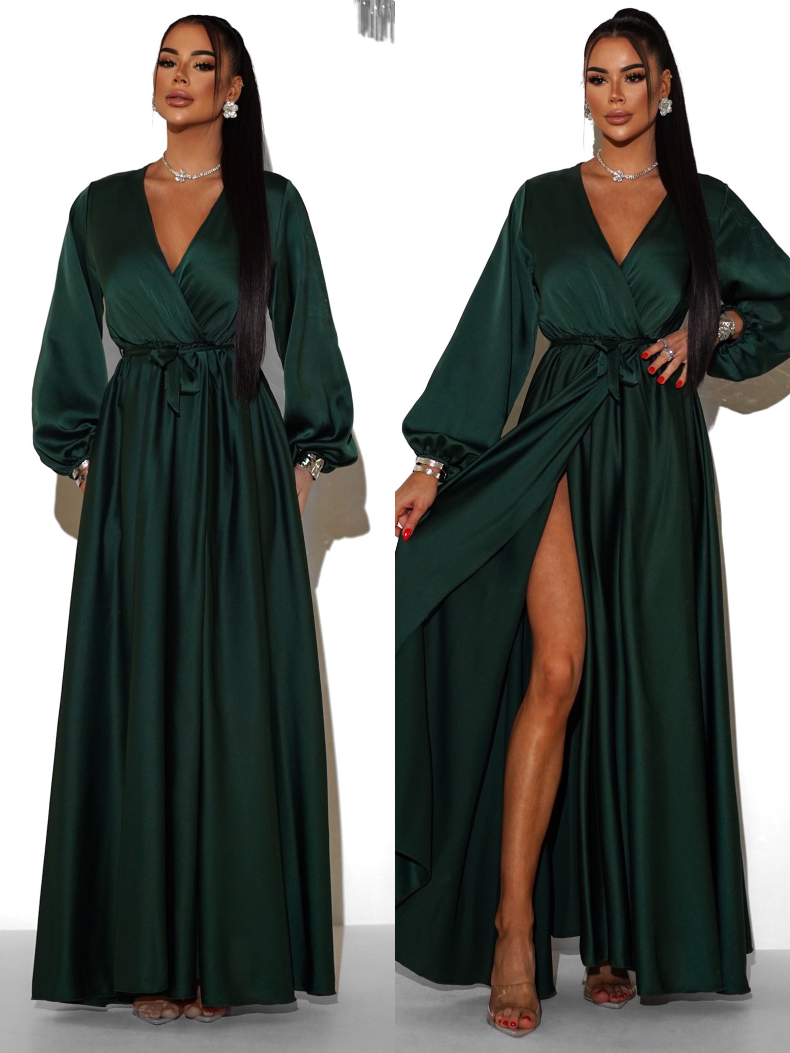 Smaragdové saténové maxi šaty WOMAN s dlouhým rukávem Velikost: ONESIZE