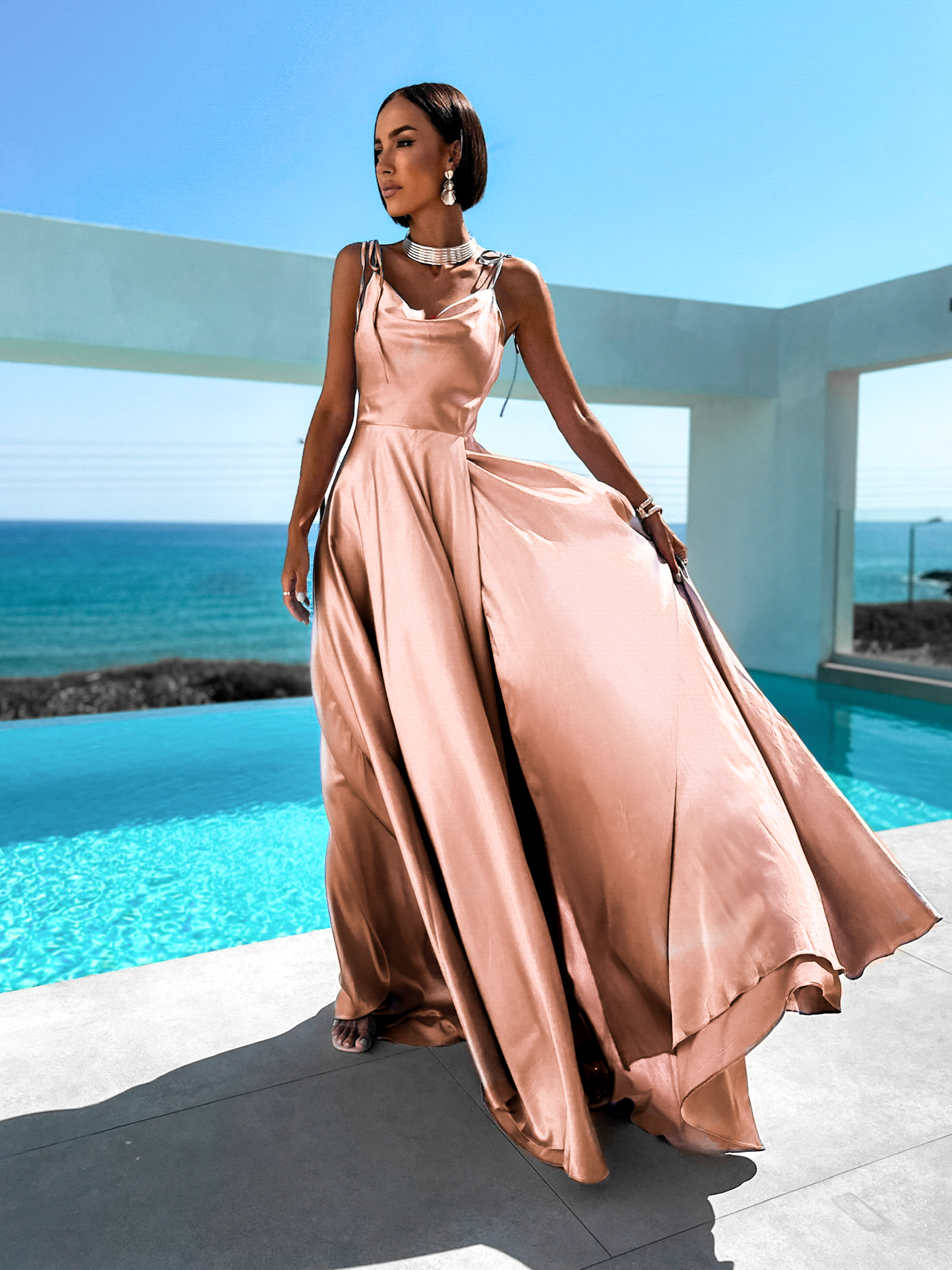 Starorůžové lesklé elegantní šaty JAELE Velikost: L - Obrázek 2