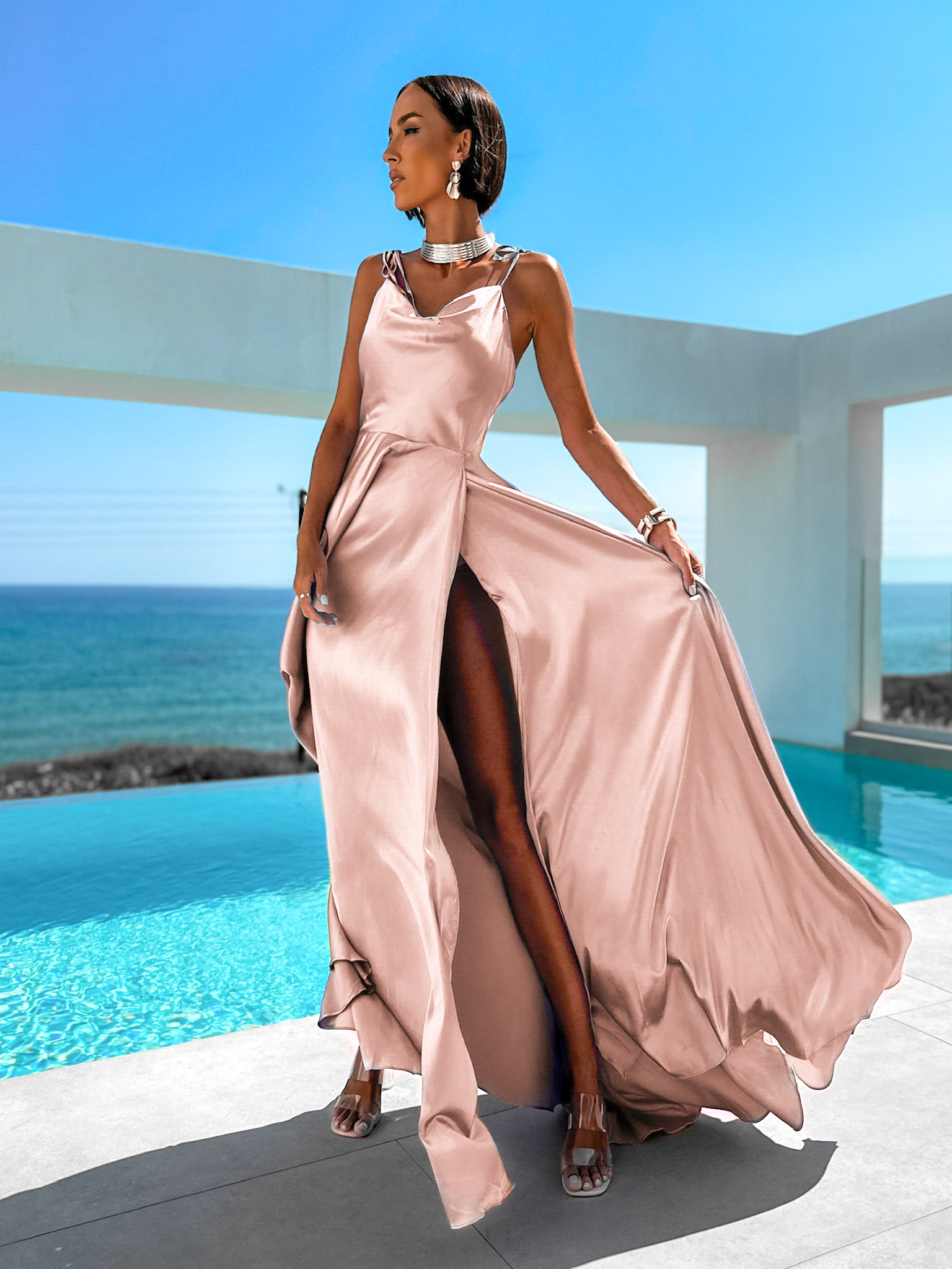 Starorůžové lesklé elegantní šaty JAELE Velikost: L - Obrázek 3