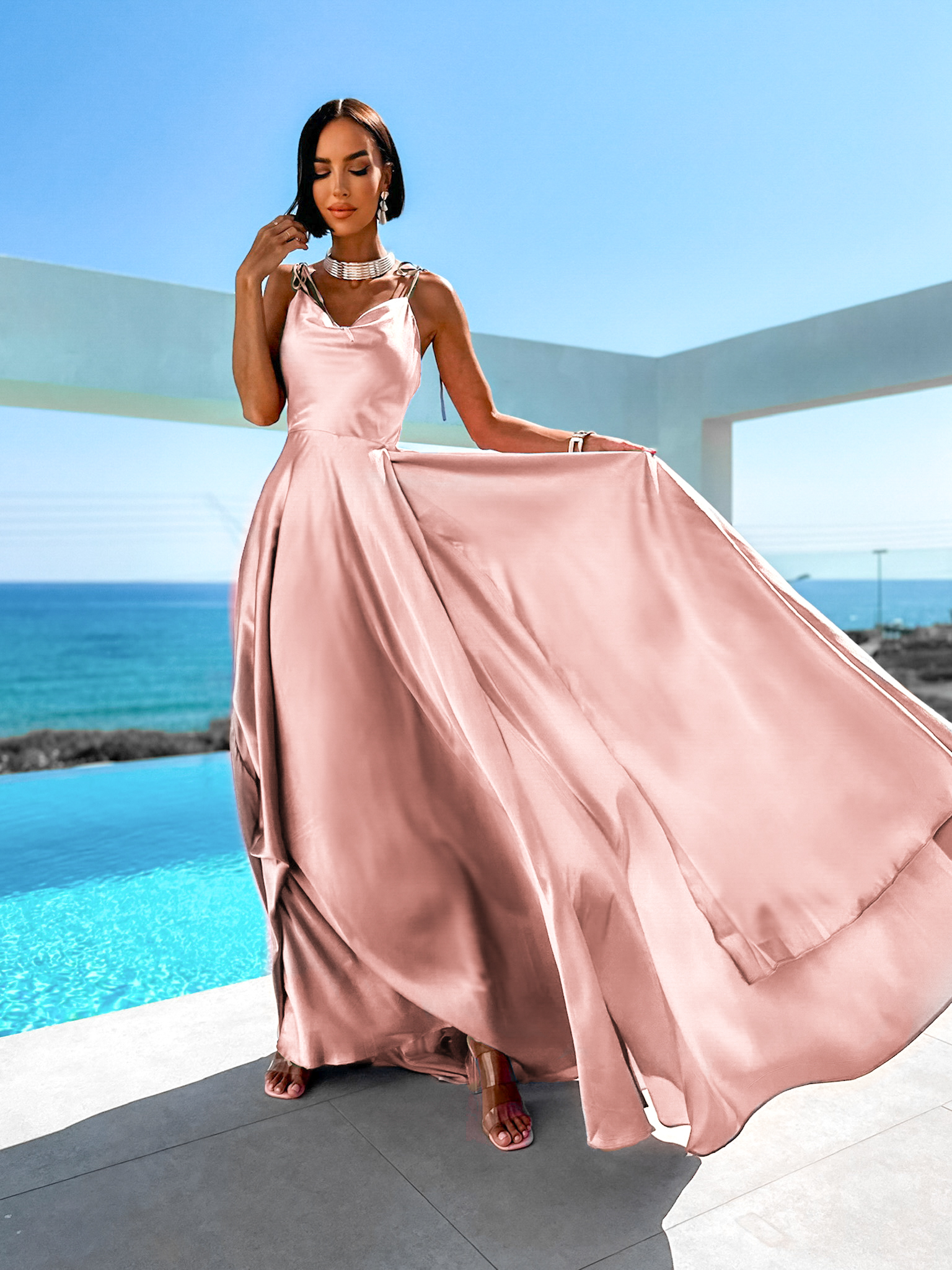 Starorůžové lesklé elegantní šaty JAELE Velikost: L