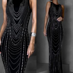 Stříbrnočerné třpytivé dlouhé šaty DARIONE s kamínky Velikost: S/M