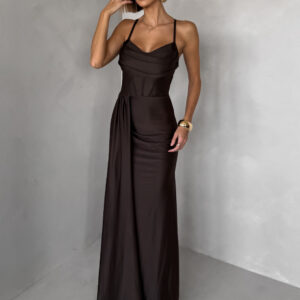 Tmavě hnědé společenské dlouhé šaty SATIN Velikost: ONESIZE