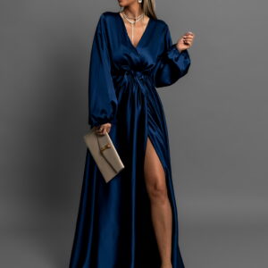 Tmavě modré dlouhé saténové šaty WOMAN s dlouhým rukávem