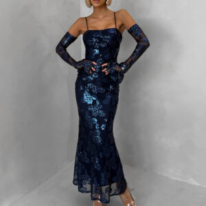 Tmavě modré elegantní třpytivé šaty LARKINO s rukávky Velikost: ONESIZE