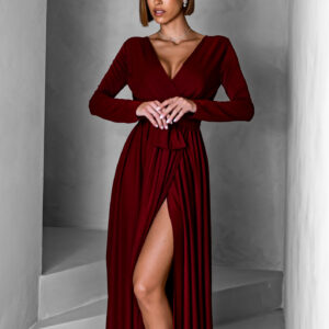 Vínové dlouhé společenské šaty JOELLIAN s dlouhým rukávem Velikost: ONESIZE