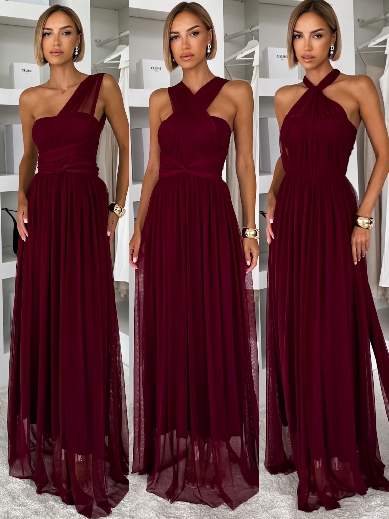 Vínové variabilní společenské tylové plesové šaty OBSIYA s vlečkou Velikost: ONESIZE