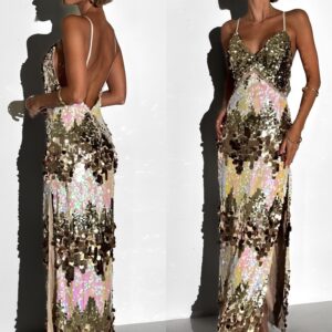 Zlaté dlouhé třpytivé šaty ROUTERY s flitry Velikost: M