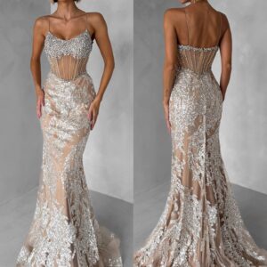 Béžové třpytivé luxusní plesové dlouhé šaty JEMIQUE Velikost: M