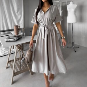 Béžovošedé košilové midi šaty YELONY s páskem Velikost: ONESIZE