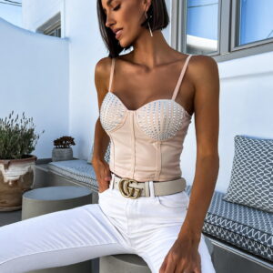 Béžový elegantní crop top RYKER s kamínky Velikost: M/L
