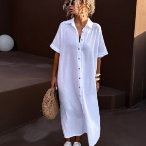 Bílé dlouhé mušelínové košilové šaty NUKET s krátkým rukávem Velikost: ONESIZE