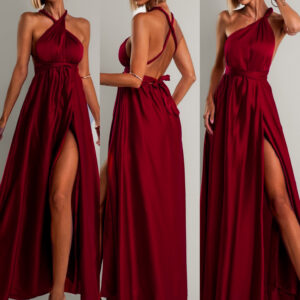 Bordó saténové šaty VALERDI s variabilním vázáním a rozparkem Velikost: ONESIZE