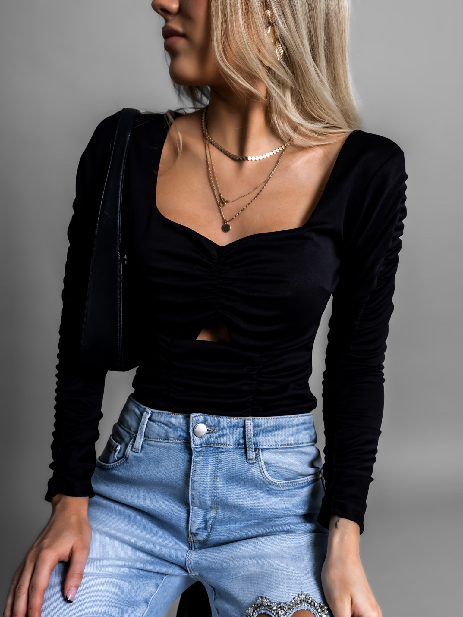 Černé elastické body ENRIC s řasením Velikost: ONESIZE