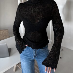 Černé elegantní top LOMUX s dlouhým rukávem Velikost: ONESIZE