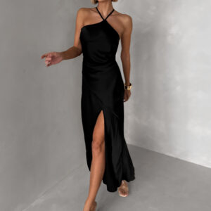 Černé saténové společenské šaty ELIRON s rozparkem Velikost: ONESIZE