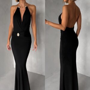 Černé společenské dlouhé šaty ARKENY s ozdobou Velikost: S/M