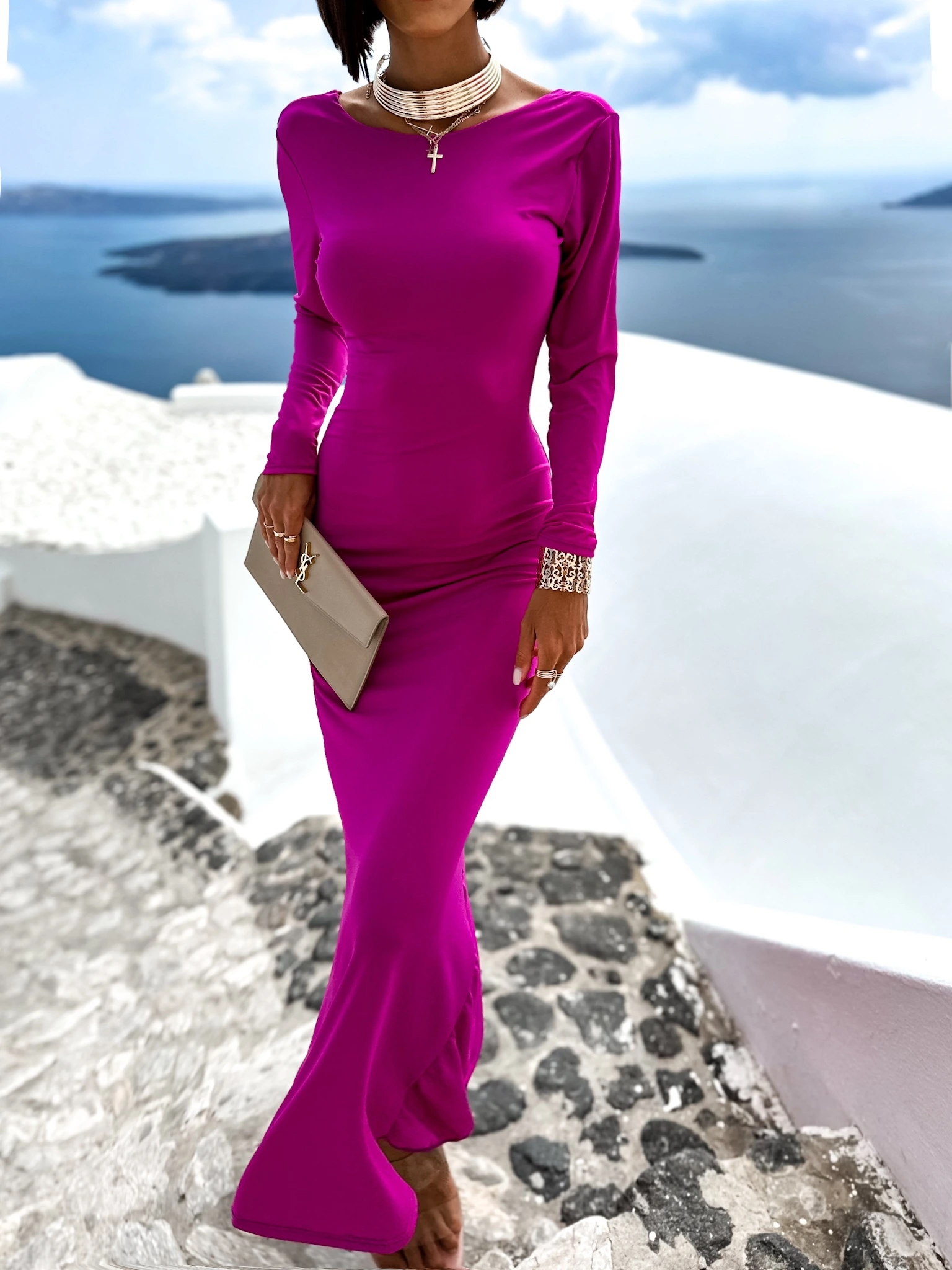 Fialové dlouhé elegantní šaty NINTENI s průstřihem na zádech Velikost: ONESIZE - Obrázek 2