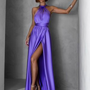 Fialové lesklé šaty VALERDI s variabilním vázáním a rozparkem Velikost: ONESIZE