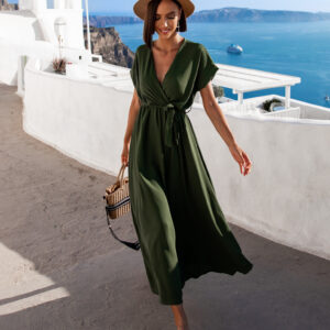 Khaki delší elegantní šaty FEYLING se zavazováním