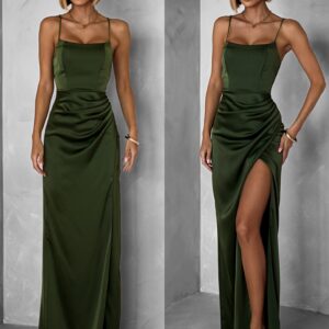 Khaki dlouhé saténové šaty CONNOR s rozparkem Velikost: ONESIZE