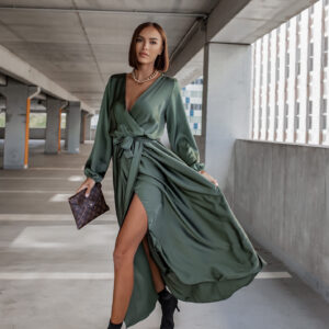 Khaki elegantní šaty WOMAN s dlouhým rukávem