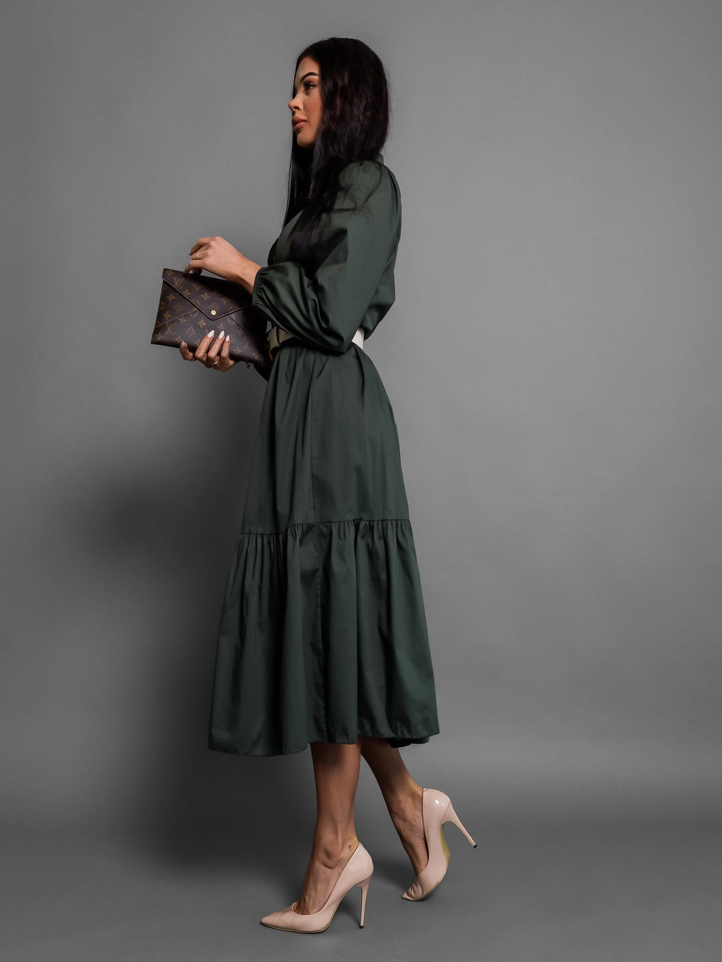 Khaki košilové šaty ANITE s dlouhým rukávem - Obrázek 2